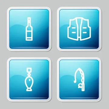 Set line Bottle of vodka, Fishing jacket, spoon and rod icon. Vector Stock Illustration