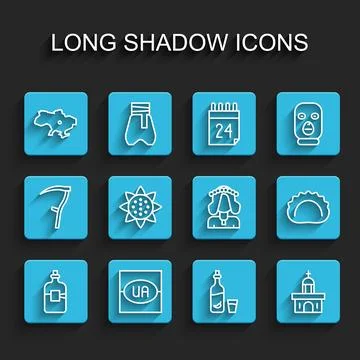 Set line Bottle of vodka, Flag Ukraine, Map, Vodka with pepper and glass, Church Illustrazione stock