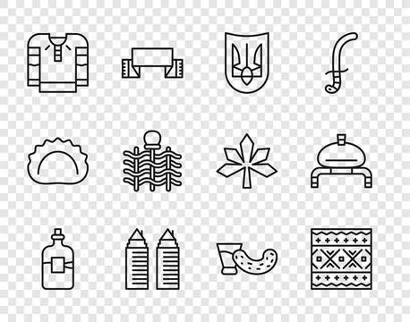 Set line Bottle of vodka, Ukrainian ethnic pattern, trident, Two towers Dni.. Stock Illustration