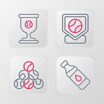 Set line Bottle of water, Baseball ball, base and Award cup with baseball i.. Stock Illustration