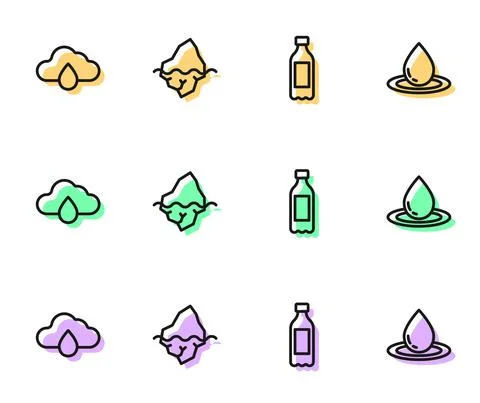 Set line Bottle of water, Cloud with rain, Iceberg and Water drop icon. Vector Stock Illustration