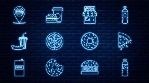 Set line Bottle of water, Slice pizza, Pizzeria building facade, Pizza, Soda and Ilustración de archivo