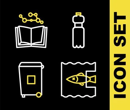 Set line Bottle of water, Stop ocean plastic pollution, Trash can and Open .. Stock Illustration
