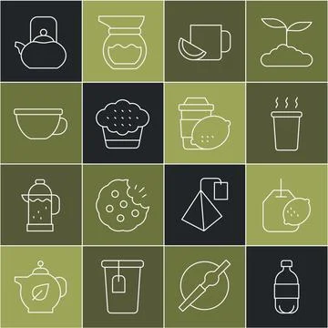 Set line Bottle of water, Tea bag with lemon, Cup tea, Muffin, Kettle handle and Stock-Illustration