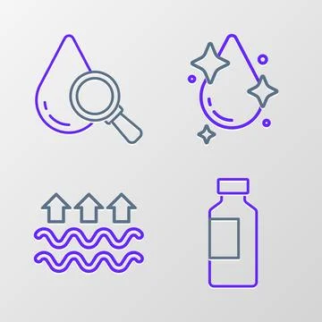 Set line Bottle of water, Waves and evaporation, Water drop and Drop magnifying Illustrazione stock