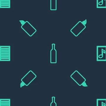 Set line Bottle of wine, Burning candle and Music book with note on seamless Illustrazione stock
