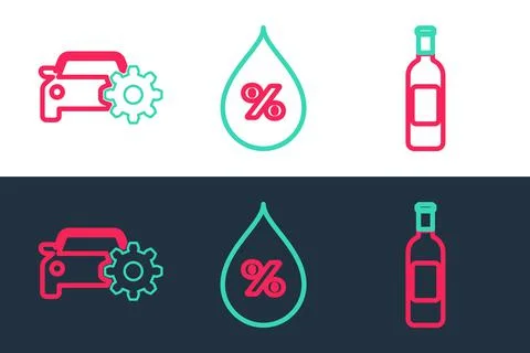 Set line Bottle of wine, Car service and Water drop percentage icon. Vector Ilustração Stock