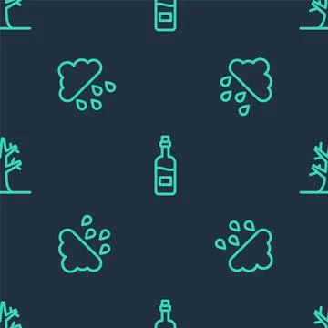 Set line Bottle of wine, Cloud with rain and Bare tree on seamless pattern Stock Illustration