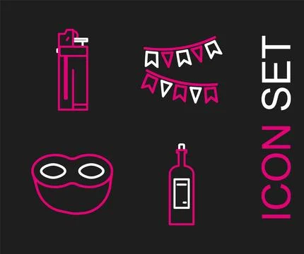 Set line Bottle of wine, Festive mask, Carnival garland with flags and Ligh.. Stock Illustration
