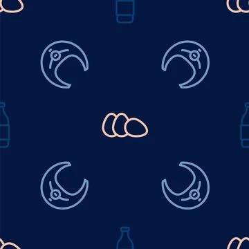 Set line Bottle of wine, Fish steak and Chicken egg on seamless pattern. Vector Stock Illustration