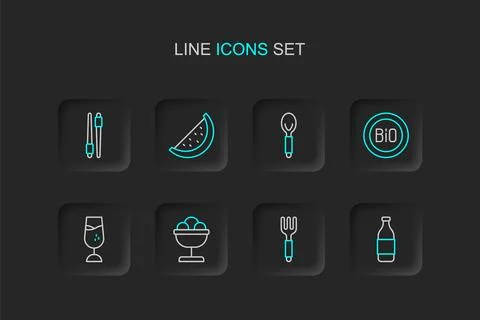 Set line Bottle of wine, Fork, Ice cream the bowl, Wine glass, Banner for b.. Stock Illustration