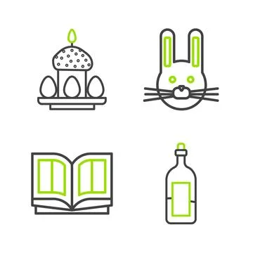 Set line Bottle of wine, Holy bible book, Easter rabbit and cake and eggs i.. Stock Illustration