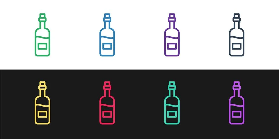 Set line Bottle of wine icon isolated on black and white background.  Vector Stock Illustration