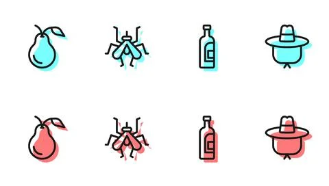 Set line Bottle of wine, Pear, Mosquito and Camping hat icon. Vector Stock Illustration