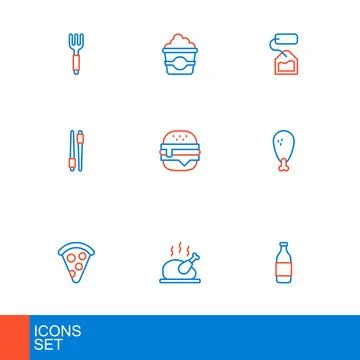 Set line Bottle of wine, Roasted turkey or chicken, Slice pizza, Chicken le.. Stock Illustration
