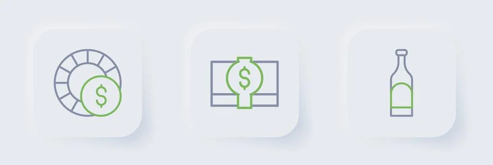 Set line Bottle of wine, Stacks paper money cash and Casino chips icon. Vecto Stock Illustration