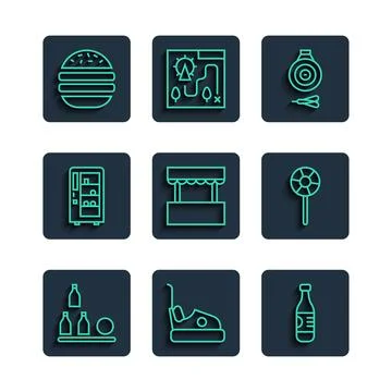 Set line Bottles ball, Bumper car, of water, Classic dart board and arrow, .. Stock Illustration