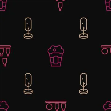 Set line Bottles ball, Tree and Popcorn in box on seamless pattern. Vector Stock Illustration