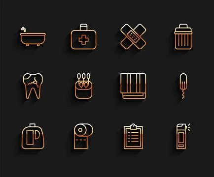 Set line Bottles for cleaning agent, Toilet paper roll, Bathtub, Clipboard .. Illustrazione stock