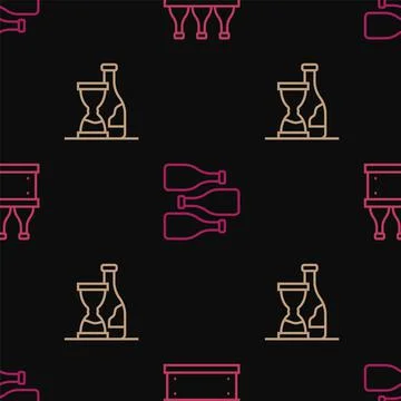 Set line Bottles of wine in box, and on seamless pattern. Vector Illustrazione stock