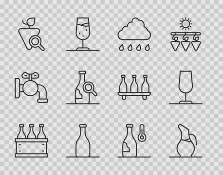 Set line Bottles of wine in box, Decanter for, Cloud with rain, Grapes, Win.. 스톡 일러스트