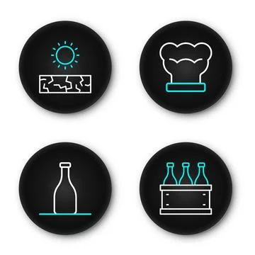 Set line Bottles of wine in box, Chef hat and Drought icon. Vector Stock Illustration