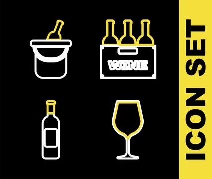 Set line Bottles of wine in box, Wine glass,  and bucket icon. Vector Illustrazione stock