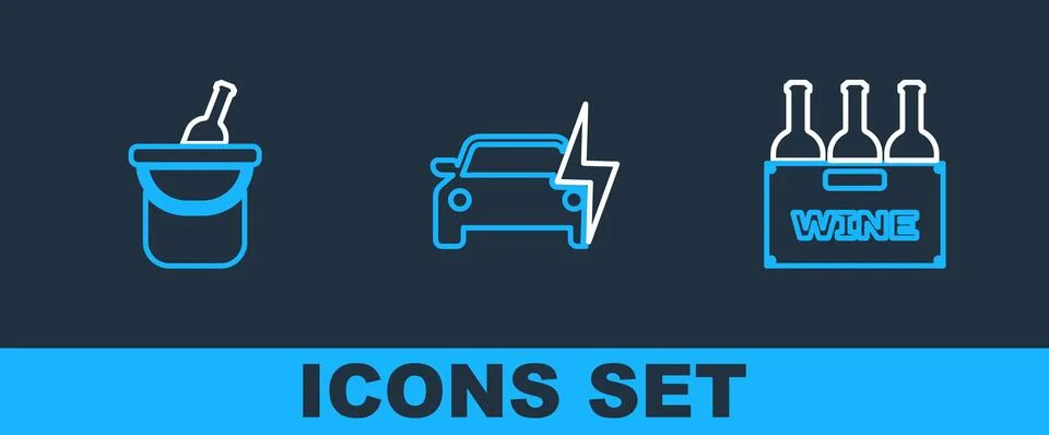 Set line Bottles of wine in box, bucket and Electric car icon. Vector Stock Illustration