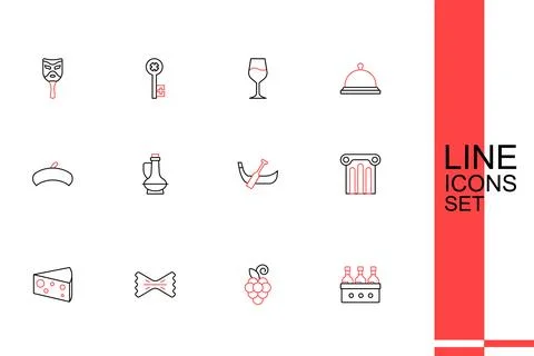 Set line Bottles of wine, Grape fruit, Macaroni, Cheese, Ancient column, Go.. Ilustração Stock