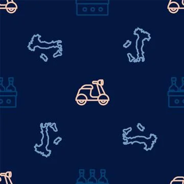 Set line Bottles of wine, Map Italy and Scooter on seamless pattern. Vector Illustrazione stock