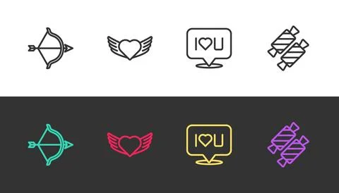 Set line Bow and arrow, Heart with wings, Speech bubble text I love you and Ilustração Stock