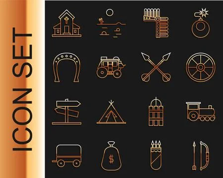 Set line Bow and arrow in quiver, Retro train, Old wooden wheel, Indian hea.. Stock Illustration