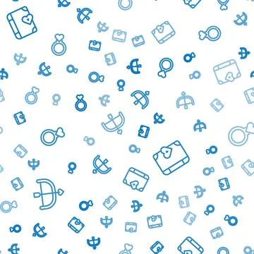 Set line Bow and arrow, Love diary and Wedding rings on seamless pattern. V.. Illustrazione stock