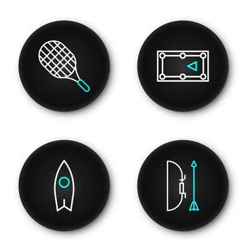 Set line Bow and arrow in quiver, Surfboard, Billiard table and Tennis rack.. Stock Illustration