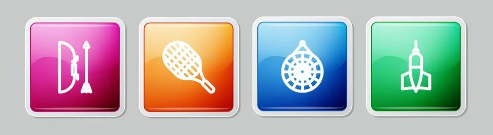 Set line Bow and arrow in quiver, Tennis racket, Classic dart board and Dar.. 스톡 일러스트