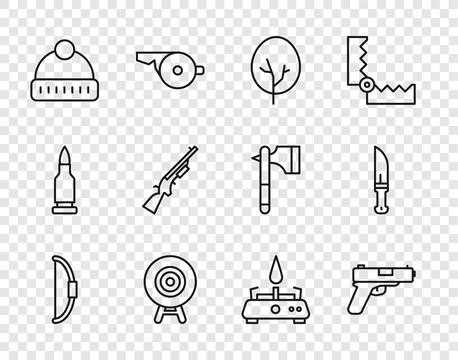 Set line Bow, Pistol or gun, Tree, Target sport, Winter hat, Shotgun, Camping Stock Illustration