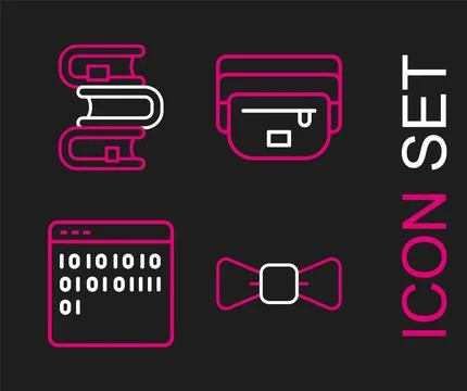 Set line Bow tie, Binary code, Waist bag of banana and Book icon. Vector Illustrazione stock