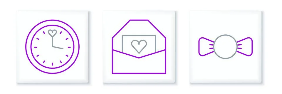 Set line Bow tie, Clock and Envelope with Valentine heart icon. Vector Illustrazione stock