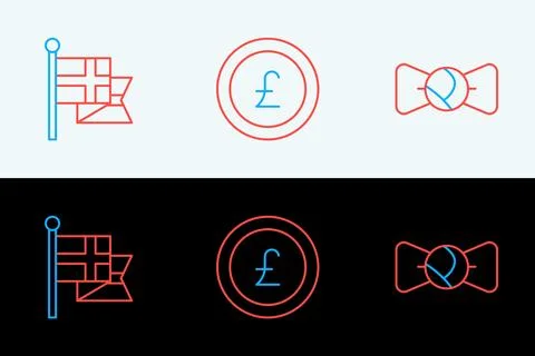 Set line Bow tie, England flag on flagpole and Coin money with pound icon. .. Stock-Illustration