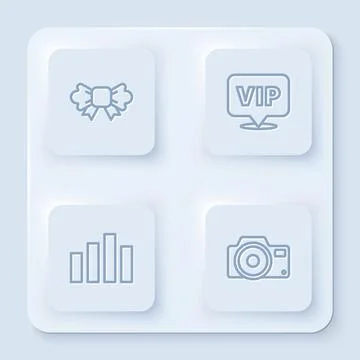 Set line Bow tie, Location Vip, Music equalizer and Photo camera. White squar Stock Illustration