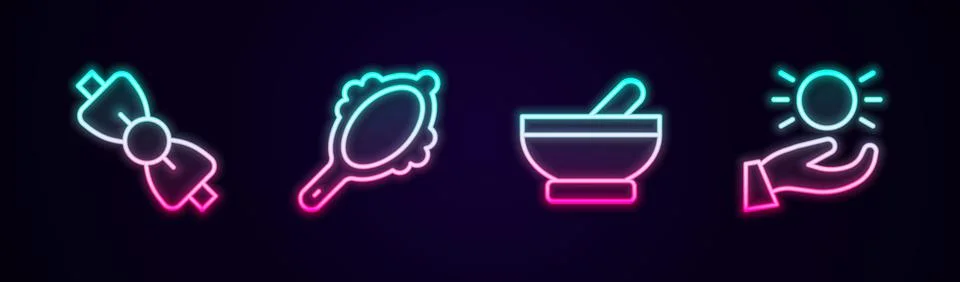 Set line Bow tie, Magic hand mirror, Witch cauldron and Ball levitating above Illustration