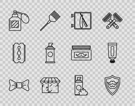 Set line Bow tie, Mustache and beard on shield, Barbershop with razor, buil.. Stock Illustration