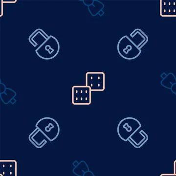 Set line Bow tie, Open padlock and Game dice on seamless pattern. Vector Stock Illustration
