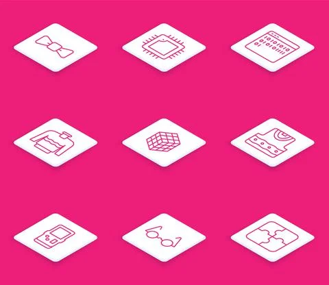 Set line Bow tie, Processor with CPU, Binary code, Sweater, Rubik cube Stock Illustration