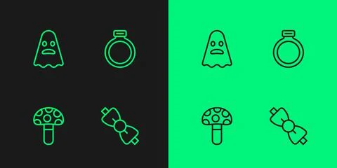 Set line Bow tie, Psilocybin mushroom, Ghost and Magic stone ring icon. Vecto Stock Illustration