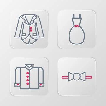 Set line Bow tie, T-shirt, Woman dress and Blazer or jacket icon. Vector Stock Illustration