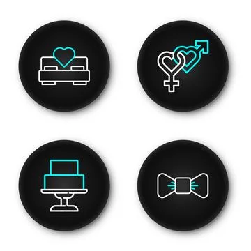 Set line Bow tie, Wedding cake, Gender and Bedroom icon. Vector Illustrazione stock