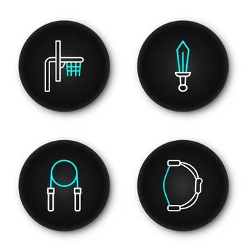 Set line Bow toy, Jump rope, Sword and Basketball backboard icon. Vector Stock Illustration