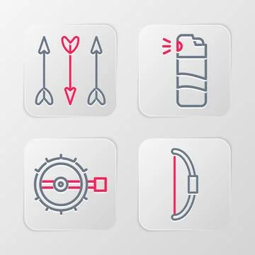 Set line Bow, Trap hunting, Pepper spray and Hipster arrows icon. Vector Stock Illustration
