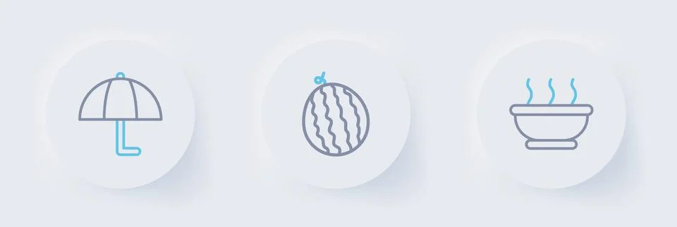 Set line Bowl of hot soup, Watermelon and Umbrella icon. Vector Stock Illustration
